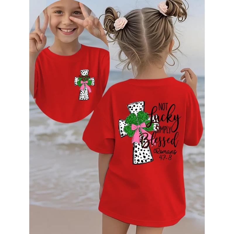 Summer Fashion Girls Short Sleeve T-Shirt Cartoon Print Double Sided Casual Versatile 110 красный