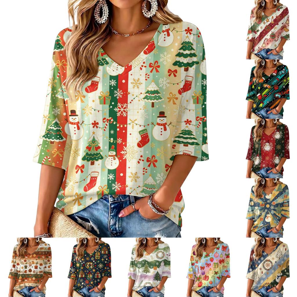 Top Casual da Donna con Scollo a V, Stampa Natalizia e Maniche a Tre Quarti