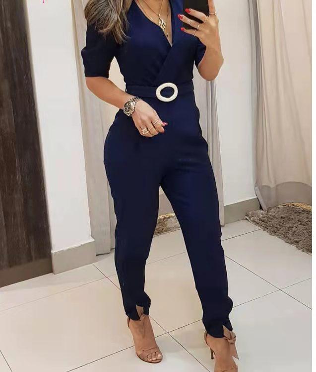 Solid Color Puff Sleeve Jumpsuit with Long Pants