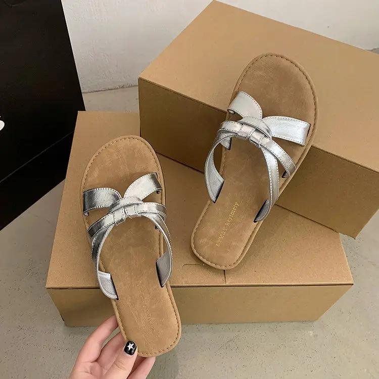 

Fashion 2024 Summer Women s Sandals Solid Color Flash Flat Cross-belt Flat Women s Sandals Fashion Non-slip Outdoor Women s Shoes 35 серебряный
