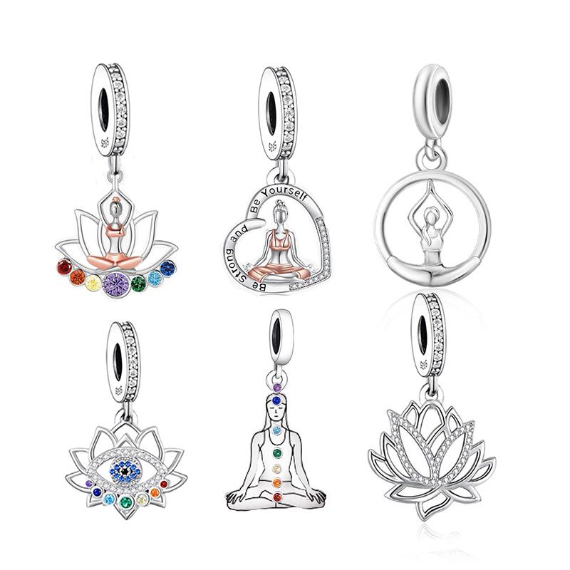 FC Jewelry Fit Original Pan Charm Bracelet 925 Silver Lotus Yoga Girl Chakra Healing Balance Bead For Making Daughter Berloque