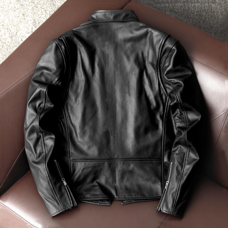 Men Genuine Leather Jacket Korean Slim Fit Biker Coat Real Cowhide Short Stand Collar Youth Fashion