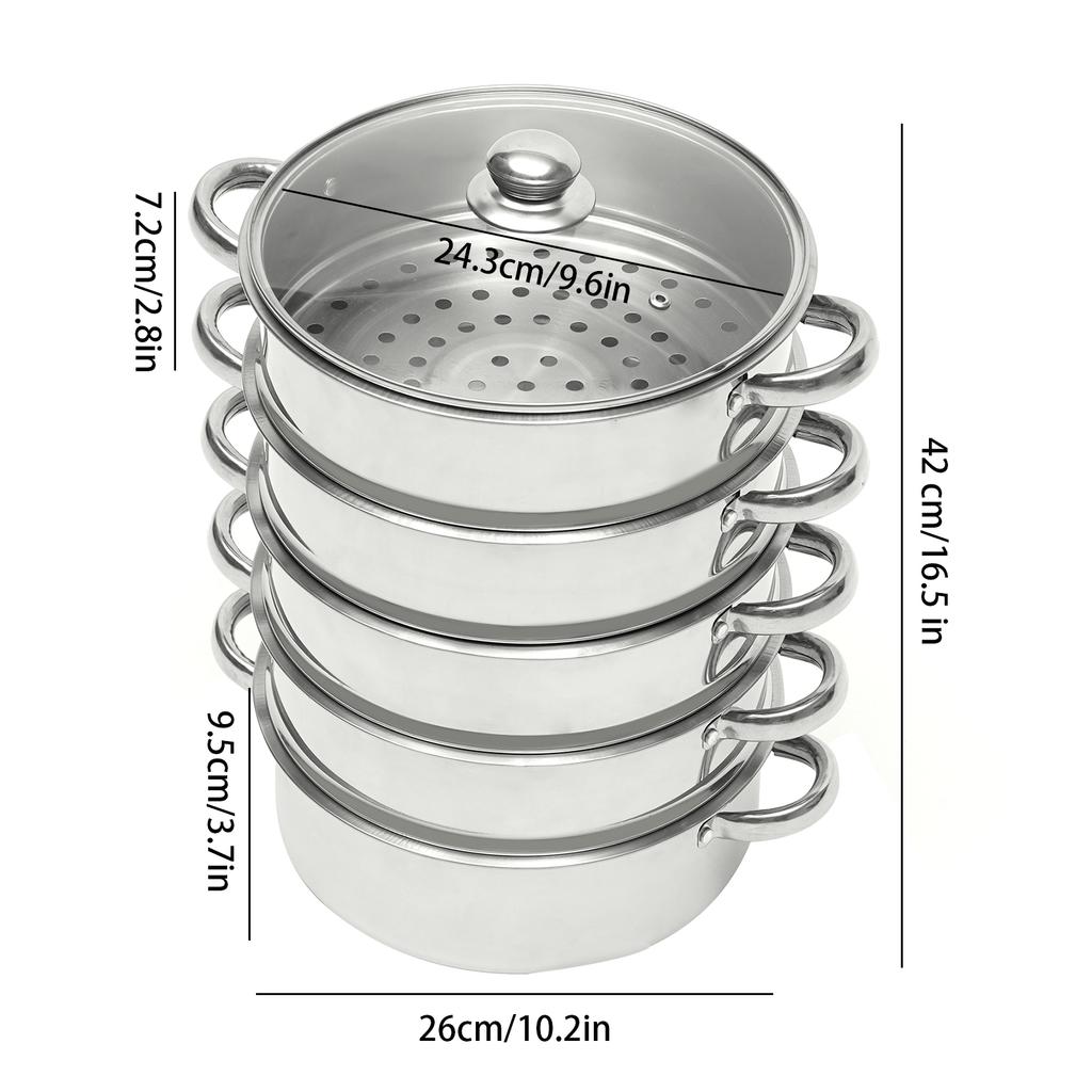 5-Tier Stainless Steel Food Steamer 26cm Meat Vegetable Steamer Pot Kitchen Cookware with Lid for Steaming Corn, Dumplings, Buns