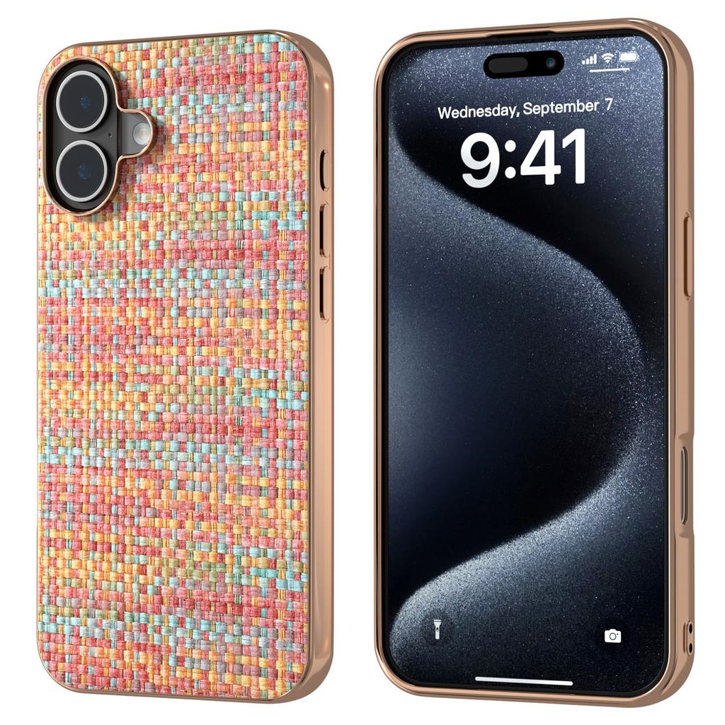 For iPhone 16 Plus Case Electroplating Edge Plaid Texture PU Leather+PC+TPU Phone Cover