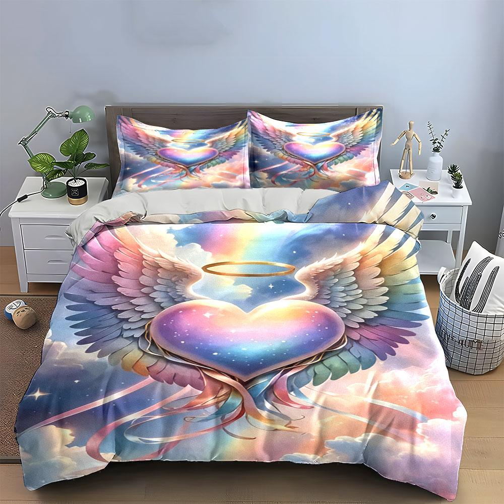Angel Wings Heart Decor Set Soft Comfortable Duvet Cover Bedding Set Included 1*Duvet Cover & 2*Pillowcases, Gift