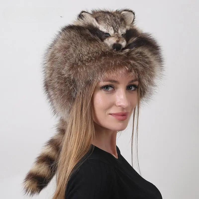 Trendy Women's Winter Hats Luxurious Fluffy Stylish Warm Genuine Fashion Fur Hat Russian Raccoon Tail Hat