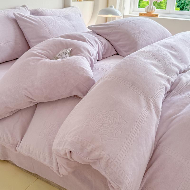 Milk Fleece Four-piece Set, Thickened Carved Fleece, Bed Sheet Quilt Cover, Bed Three-piece Set