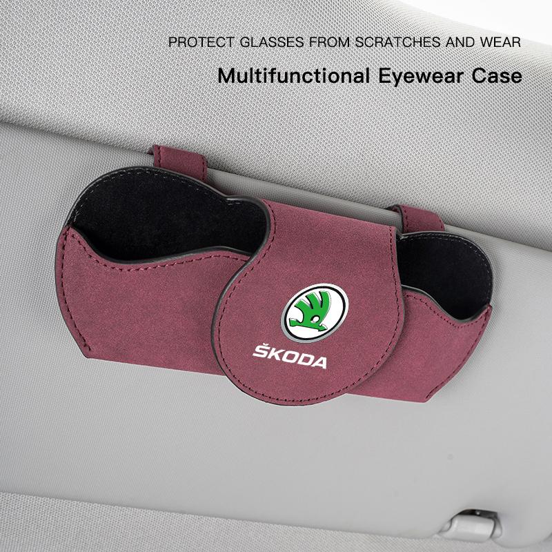 Car Suede Glasses Box Case Sun Visor Sunglasses Clip For Skoda Octavia Kodiaq Enyaq iV Kamiq Scala Superb Fabia Rapid Karoq Yeti