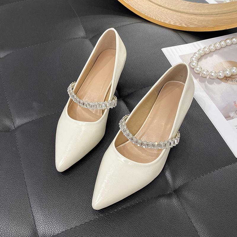 Beautiful temperament shallow single shoes women's rhinestone one with Mary Jane shoes with skirt high-end pointed middle heel shoes