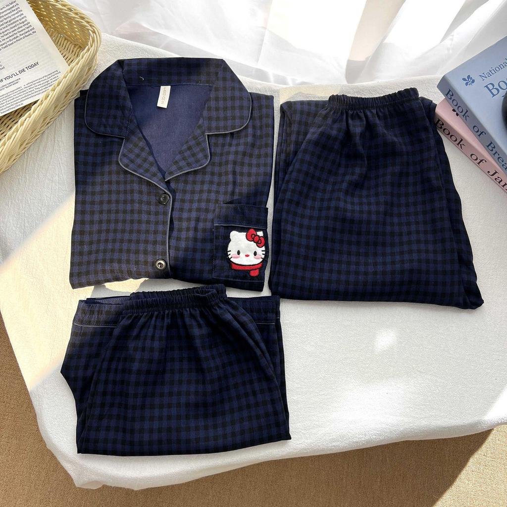 Kariertes Hello Kitty Pyjama-Set - Damen Kurzarm Frühling/Sommer 3-teilig