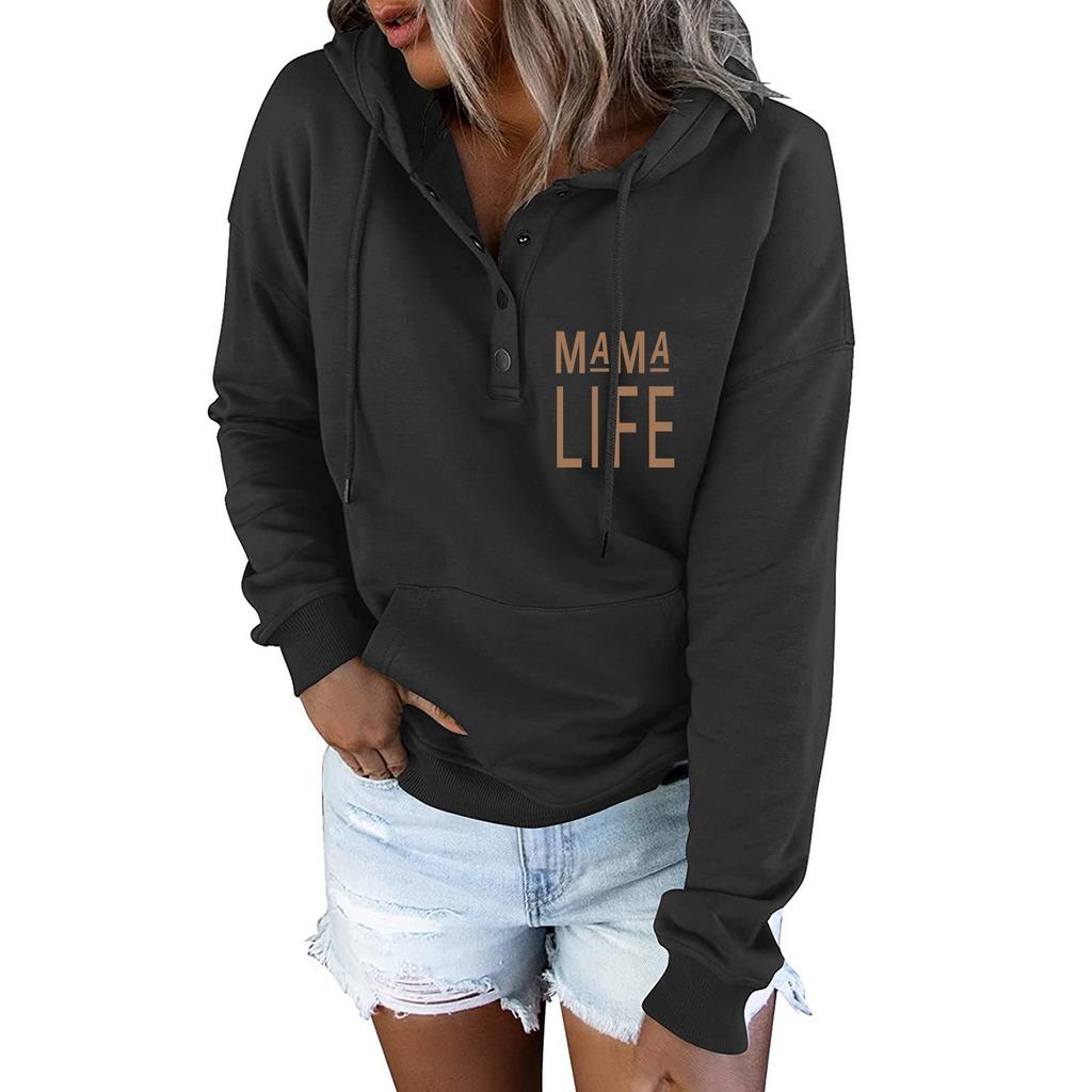 Women's Pullover Hoodies Tops Letter Printing Casual Button Down Long Sleeve Pocket Sweatshirts