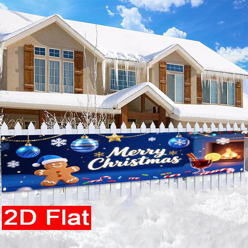 Blue & Silver Christmas Yard Banner, Merry Christmas Xmas Sign Design, Polyester Outdoor Garden New Year Party Supplies