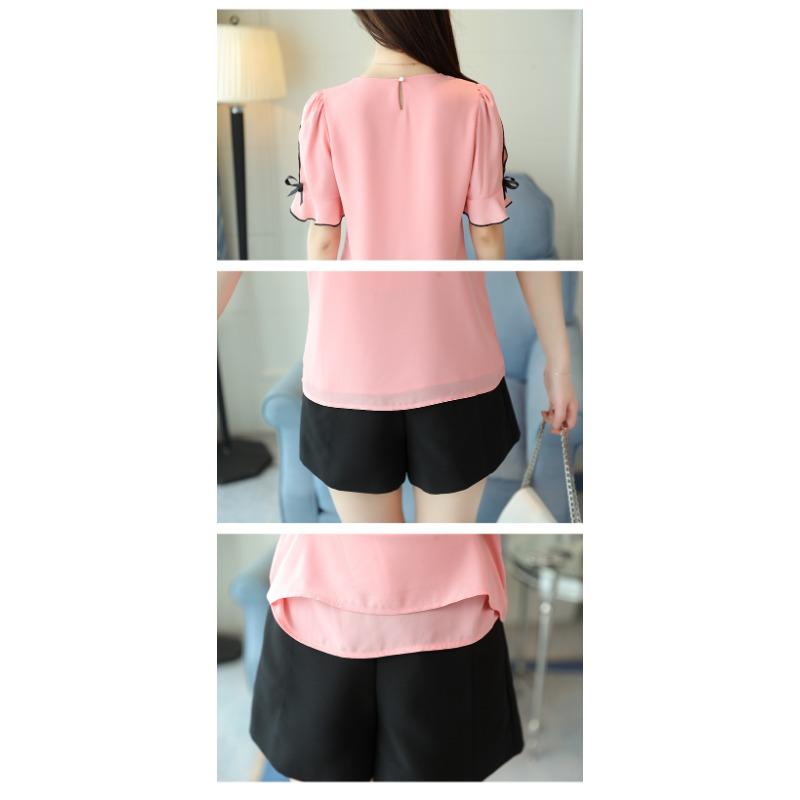 Short Sleeve Summer Tops Fashion Women Blouse Shirt Bow Sweet Top Women's Clothing Pink Apricot O-neck Chiffon Blouses