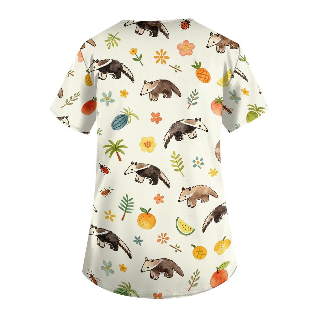 Women's V Neck Short Sleeve Work Top with Pockets Animal Print Medical Scrub Shirt for Healthcare Professionals Comfortable Fit Durable Fabric