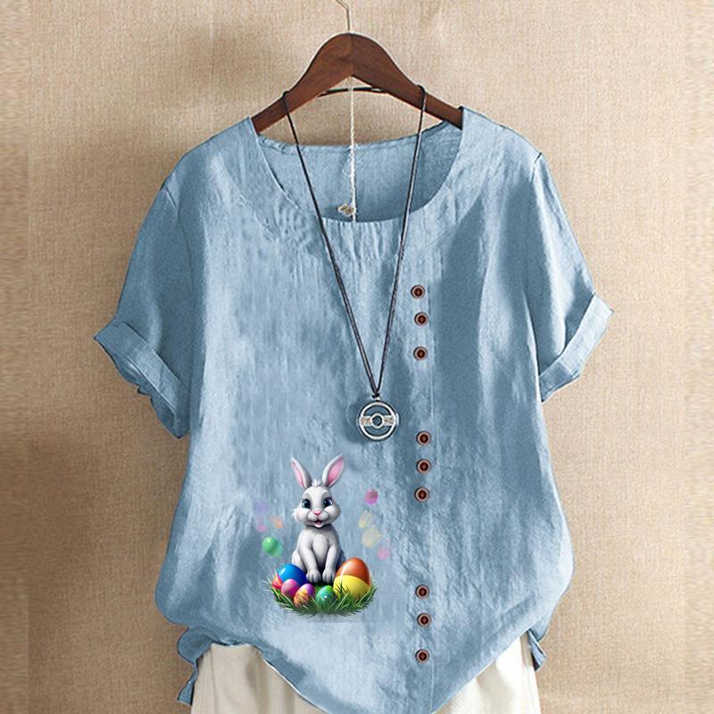 Damenmode T-Shirt mit Rundhalsausschnitt und Kaninchen-Print, kurzärmelig, lässig, Baumwolle, Leinen, Grafik, Freizeit, lockere Sommerbluse