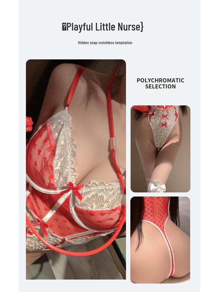 Sensual Nurse Costume Lace Bodysuit with Bowknot & Polka Dots