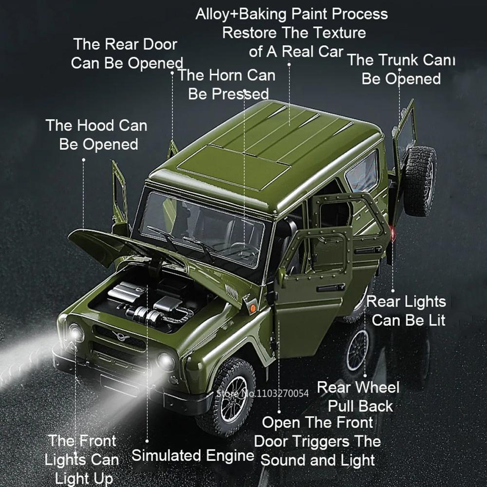 1:18 Russia Uaz Travelers Hunter Miniature Car Diecast Model Alloy Toy Sound Light Pull Back Doors Opened Models Children's Gift