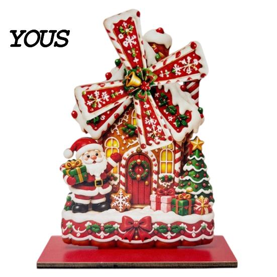 Handmade Christmas Atmosphere Props Windmill Wooden Ornament, Decorative Craft with Rotating Indoor Winter Holiday Display Blades, Figurine
