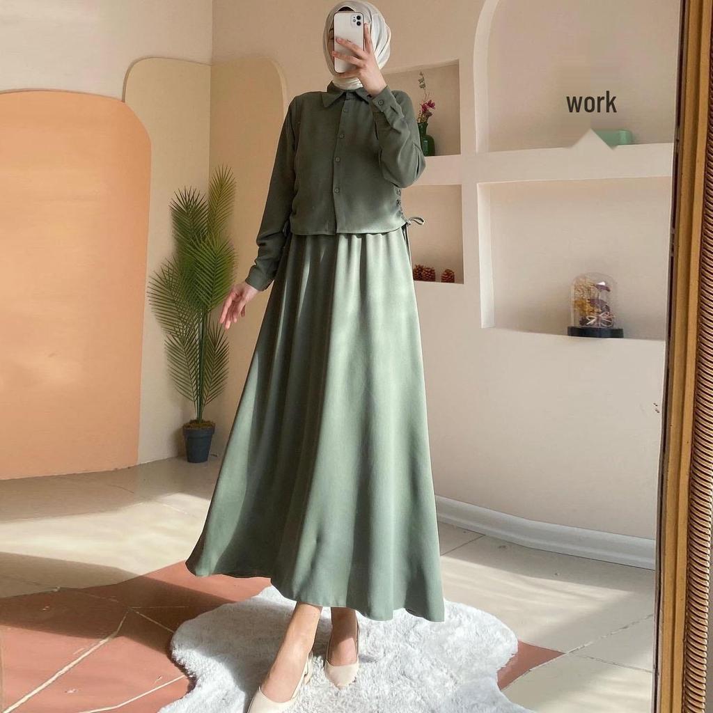 In-Stock Midi Skirt Set: 2024 Long-Sleeved Shirt Casual Dress for Muslim Arab Women