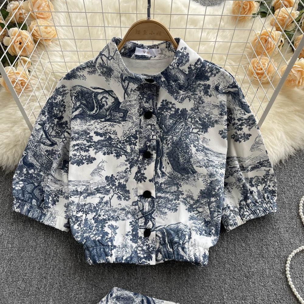 RUGOD Fashionable Temperament Suit Women's Tie-dye Printed Short Shirt High Waist A-line Skirt Western Style Two-piece Suit