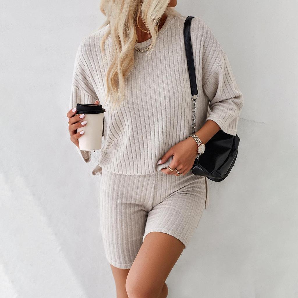 Fashion Women's Clothing 2026 Spring and Summer Casual Short-Sleeved Wide-Leg Pants Knitted Suit