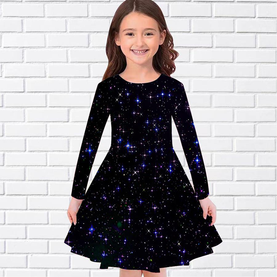 

Girl Casual Night Starry Sky Print Round Neck Long Sleeve Dress Kid Princess Dress