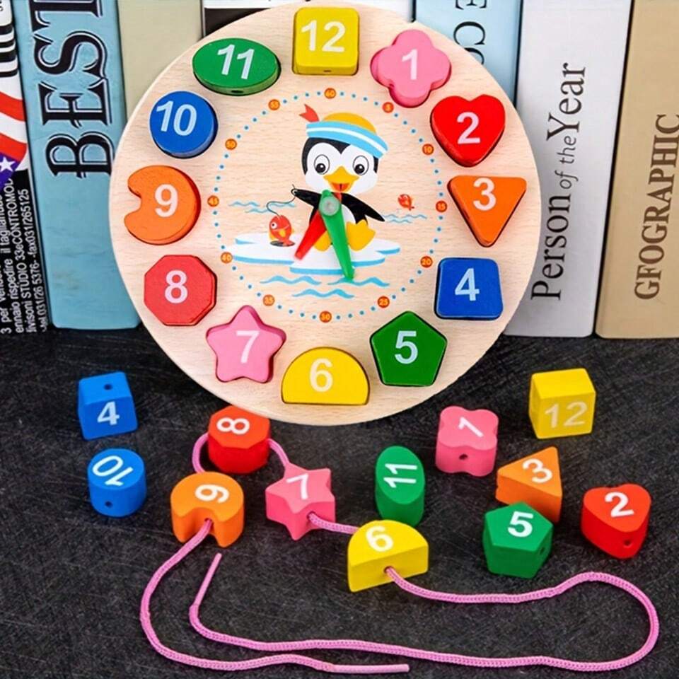 Orologio Giocattolo Orologio Didattico in Legno Orologio Pinguino Giocattoli Insegnare l'Ora Puzzle Numerico Impilabile Giocattoli Educativi Montessori per Bambini
