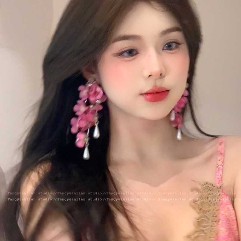 Fabric Flower Pearl Fringed Earrings Super Fairy Temperament Versatile Stud Earrings Fashionable Small Fresh Sweet Earrings Women