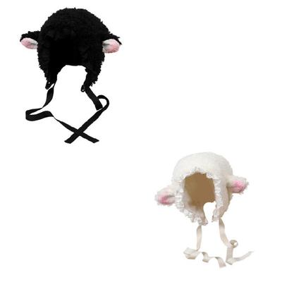 Warm White Lamb Hat with Ear Furry Lamb Cap Cartoon Ear Hat Pink Ear Winter Plush Hat for Casual Wear