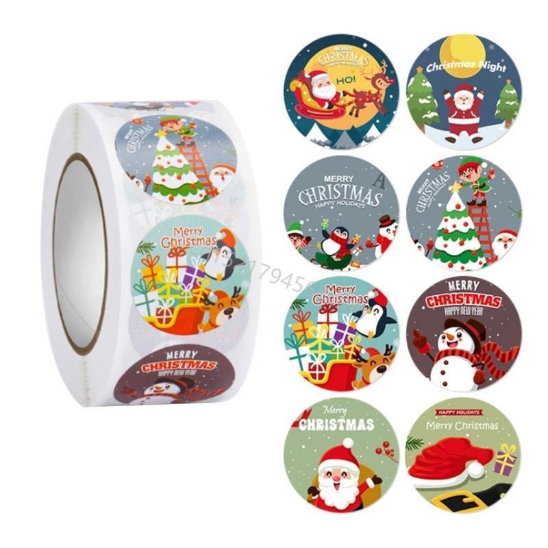 500pcs/roll Merry Christmas Stickers 8 Designs Round Holiday Label Sticker DIY Gift Box Baking Cards Envelope Stationery 6XDE