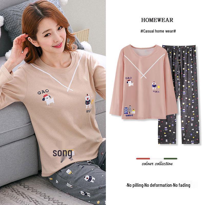 Women's Korean Style Pajama Set: Long Sleeve, Round Neck, Cute Cartoon Print, Comfortable for Spring & Autumn