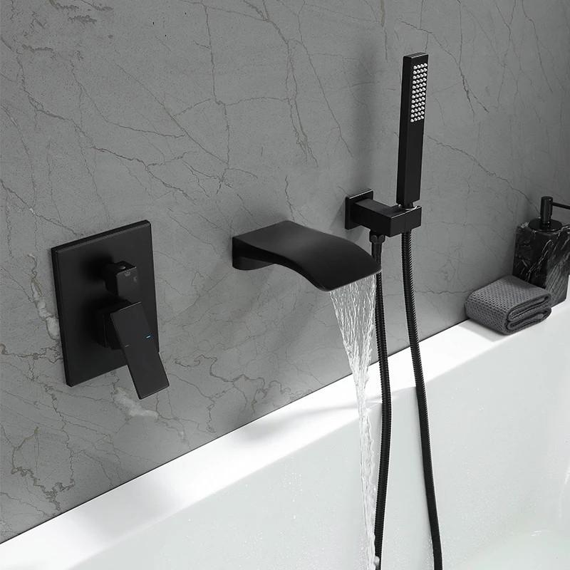 Tuqiu Gray Bathtub Shower Faucet Set Brass Bath & Shower Faucet Bathtub Faucet Mixer With Handheld Waterfall Bathtub Tap Black