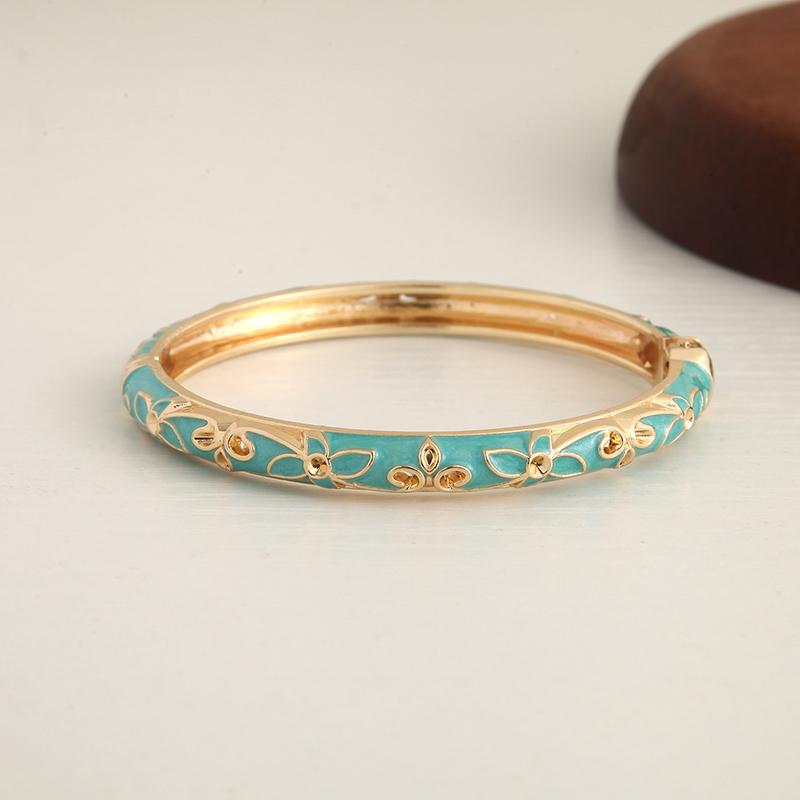 Enamel Floral Bangle Bracelet Gold-Tone Accent Vintage Open Cuff Elegant Bohemian Jewelry For Women Daily Party Gift