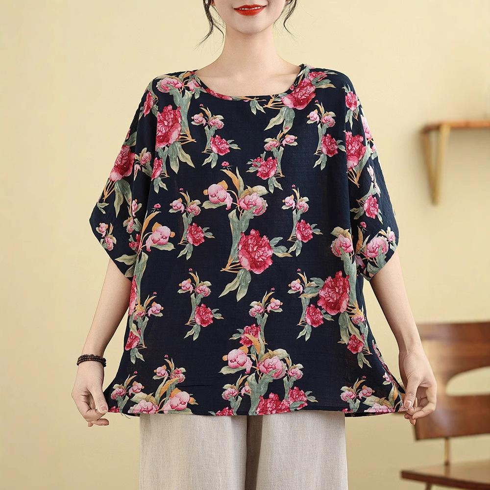 

Хлопок и Лен Большого Размера Женская Литературная Нового Стиля Рубашка Мама Ретро С Рукавом Три Четверти Свободная Принтованная Рубашка Футболка Базовый Топ 3XL чёрный