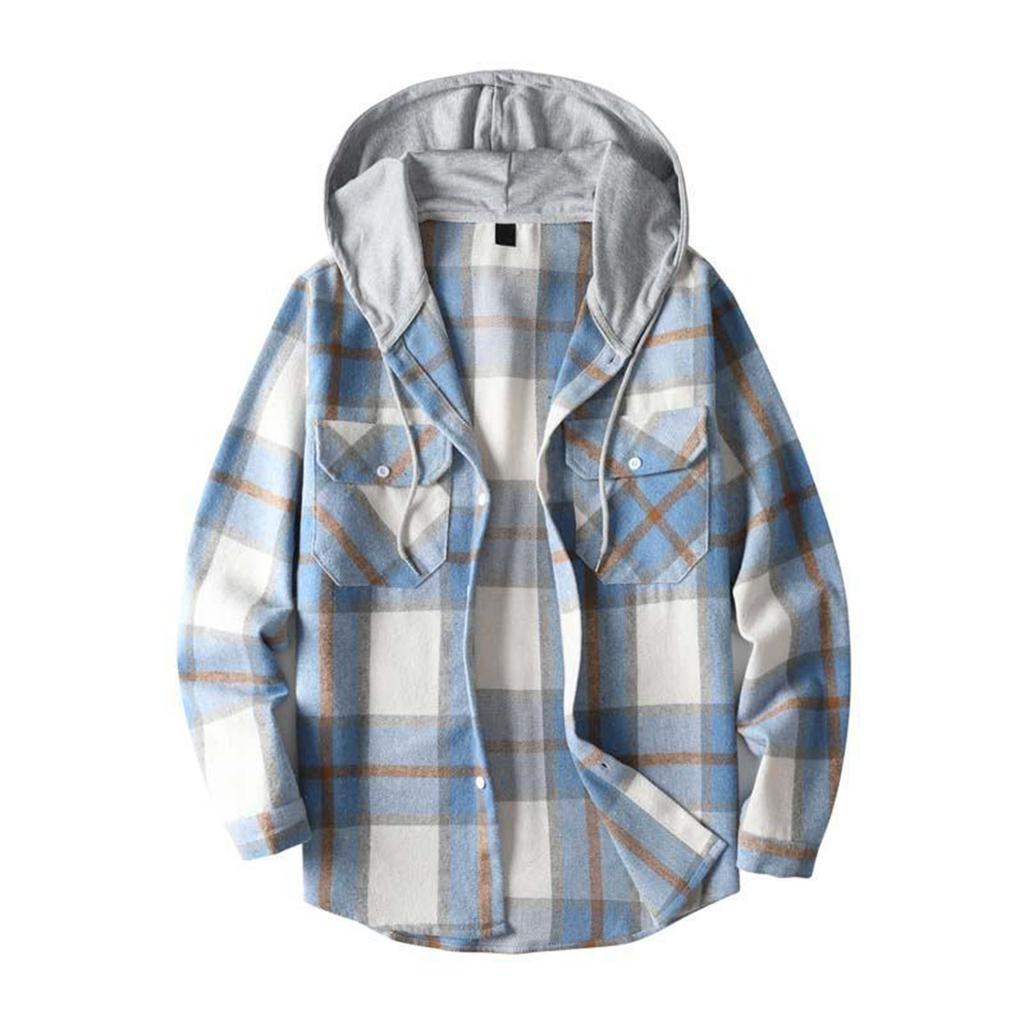 Men's Striped Plaid Casual Loose Button Lapel Long Sleeve Hooded Cardigan Shirt Jacket
