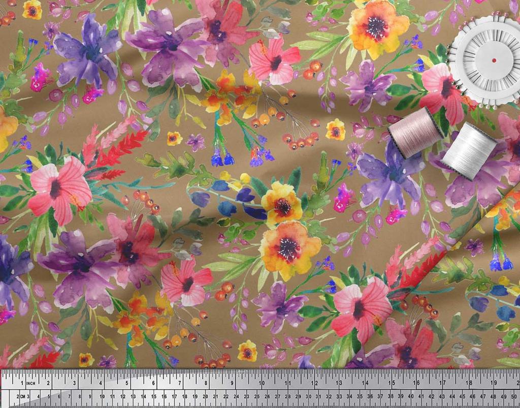 Soimoi Japan Crepe Satin Fabric Flower & Leaves Watercolor Decor Fabric Printed metre 42 Inch