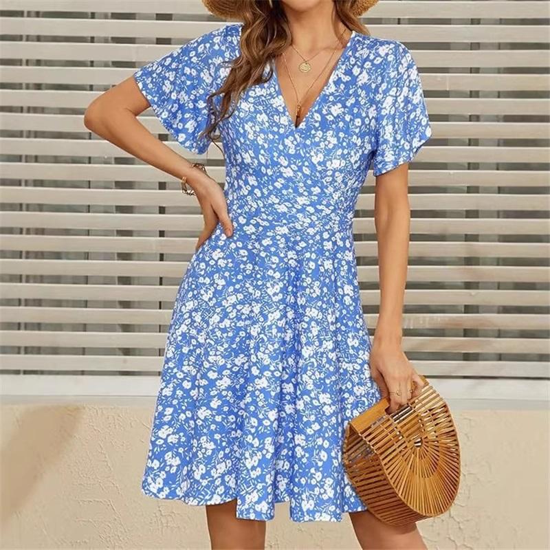 Women's Summer Fashion: Floral Print, Short-Sleeve, Fitted V-Neck A-Line Dress