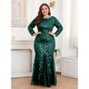 Plus Size Elegant Embroidered Mermaid Dress Round Neck Long Sleeve Lined Back Zipper