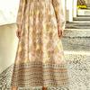 Boho Gold Foil Floral Print Dress V-Neck Tie Waist Lantern Sleeve A-Line Maxi Vacation