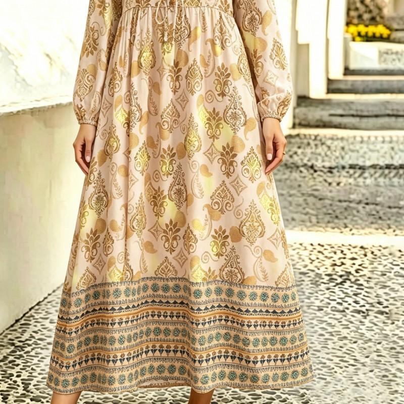 Boho Gold Foil Floral Print Dress V-Neck Tie Waist Lantern Sleeve A-Line Maxi Vacation