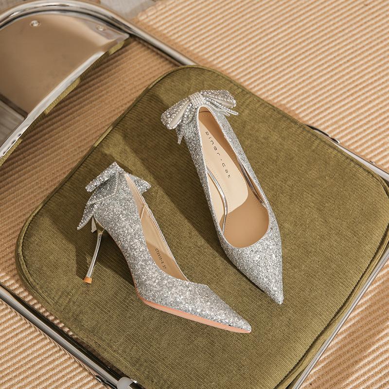 

819-10 туфли на высоком каблуке женские весна 2025 новые остроносые хрустальные свадебные туфли туфли-стилет с пайетками и бантом 39