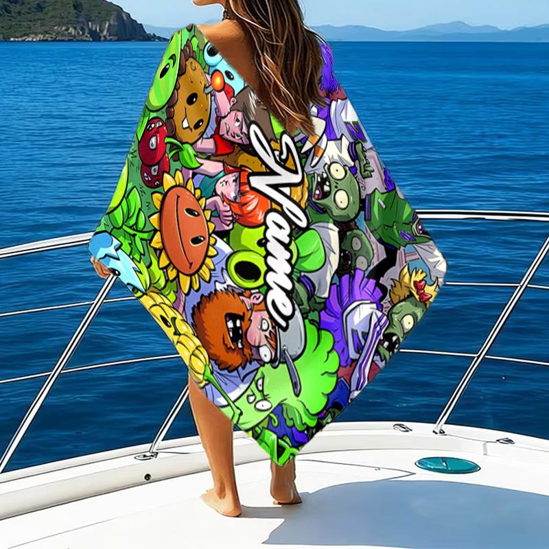 Custom Name Zombies Team-Up Microfiber Beach Towel Super Soft & Absorbent for Bath, Beach, Travel Bath Time Accessory, Fan Gifts