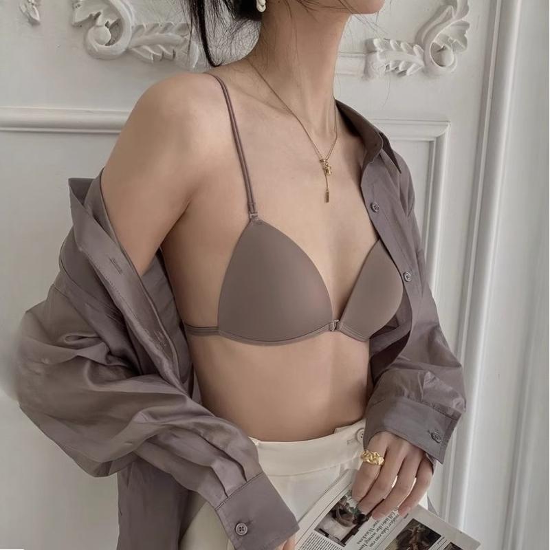Women's Front Closure Bra French Triangle Cup Push Up for Small Bust Seamless Wireless Low Back Thin Style Backless Underwear