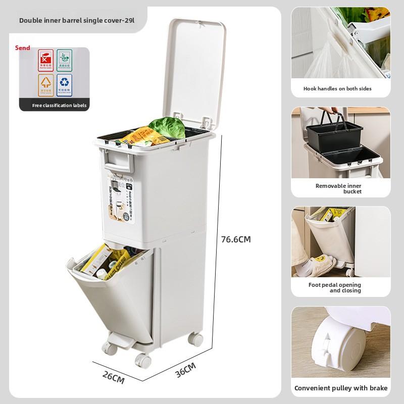 Plastic Japanese Style Kitchen Trash Can - Large Double Layer Odor-Proof Lid Dry Wet Separation Waste Bin