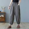 Women's Plaid Linen Cotton Loose Harem Pants Elastic Waist Casual Bloomers