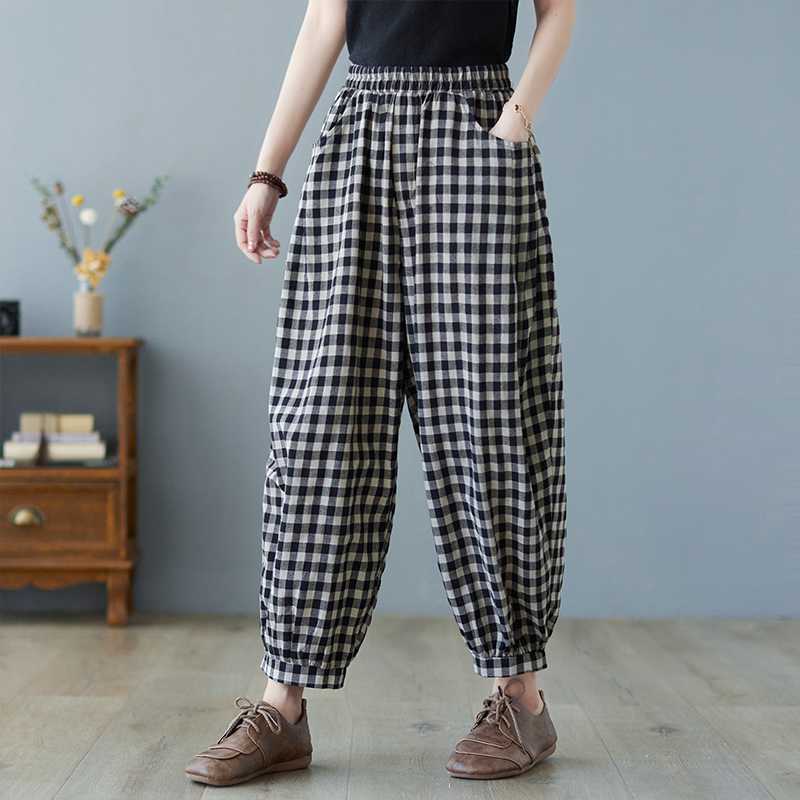 Women's Plaid Linen Cotton Loose Harem Pants Elastic Waist Casual Bloomers