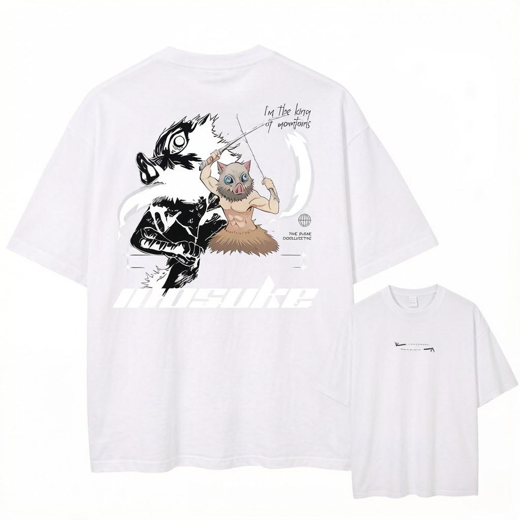 Summer Washed Vintage T Shirts Man Demon Slayer Anime Print Harajuku O-Neck Short Sleeved Tees Tops