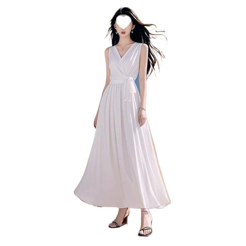 White collar temperament dress new seaside vacation summer sleeveless long dress chiffon beach dress red