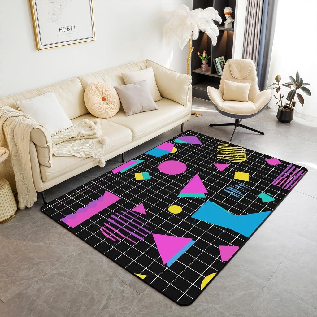 Retro Memphis Style Geometric Print Area Rug, 80s Neon Colorful Non-Slip Floor Mat for Living Room Bedroom Home Decor Carpet