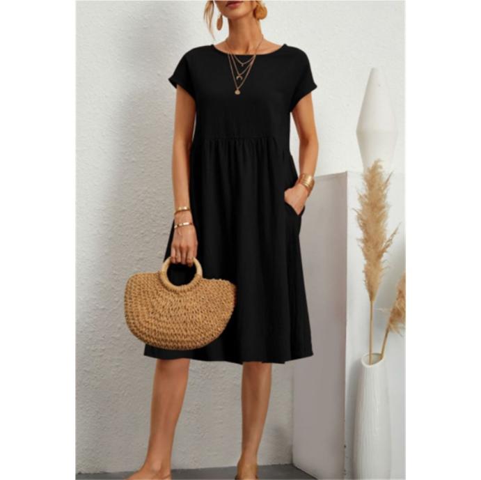 Women Vintage Solid Dress Summer Elegant O Neck Short Sleeve Cotton Linen Dresses Female Casual Loose Sundress Long Dress
